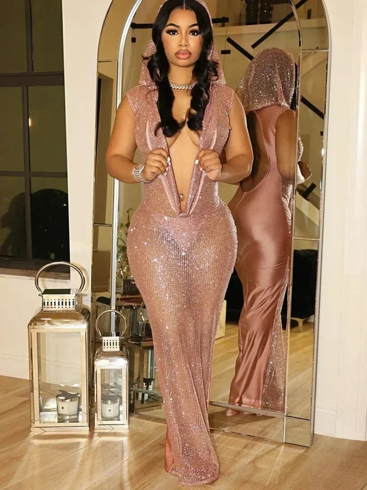 👑 QUEEN SEQUIN DRESS — ROBE LONGUE SEQUINS COL V PROFOND
