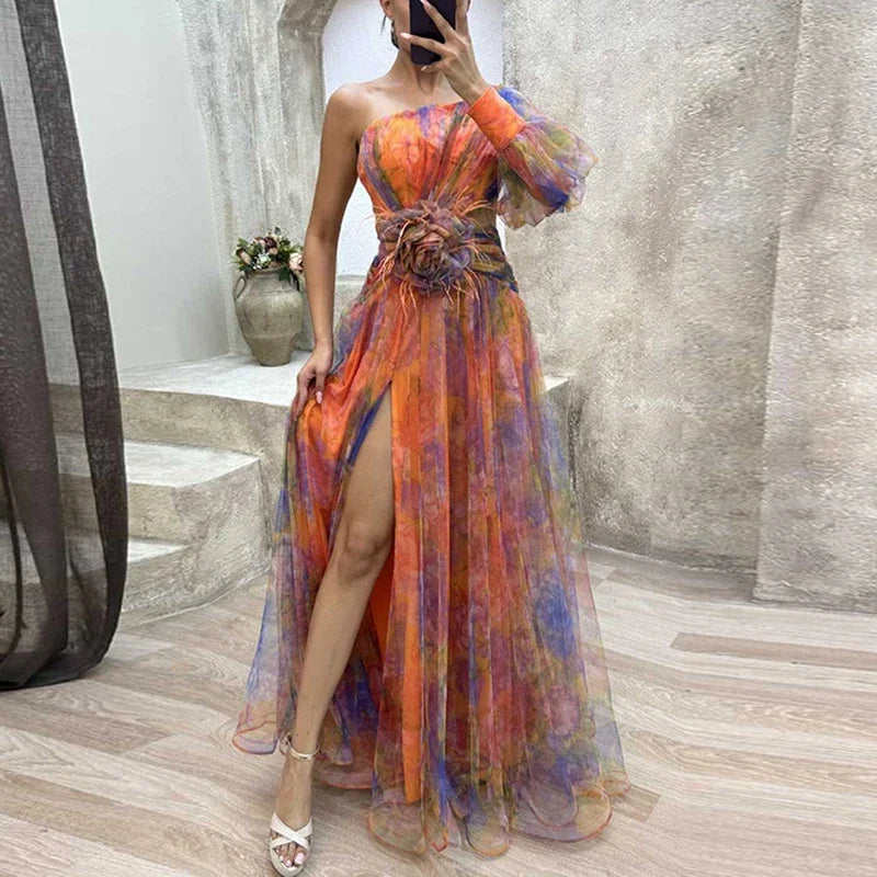 👑 QUEEN TIE-DYE SHOULDER — ROBE LONGUE FEMME UNE ÉPAULE IMPRIMÉ FLORAL