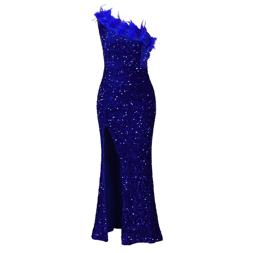 👑 QUEEN SEQUIN PLUMES — ROBE UNE ÉPAULE RUNWAY EDITION