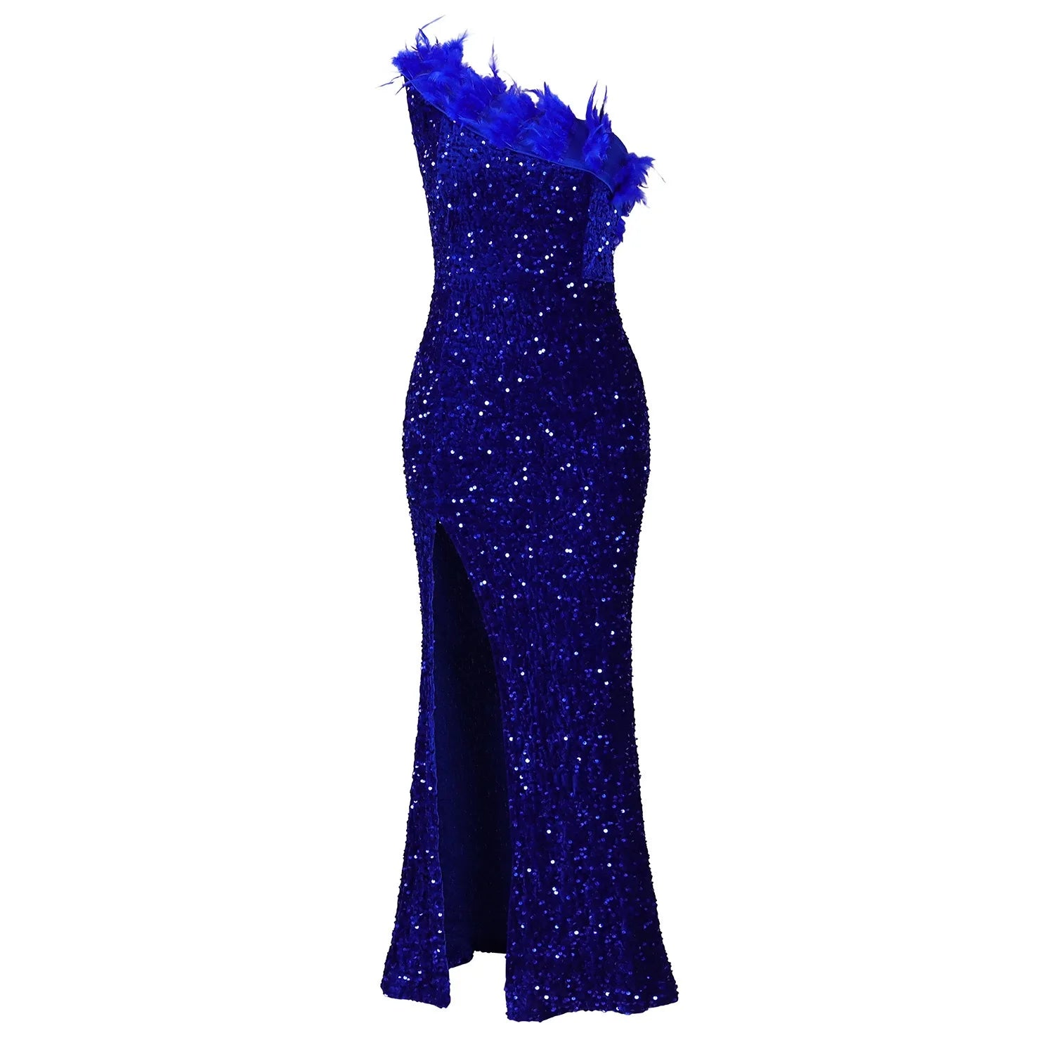 👑 QUEEN SEQUIN PLUMES — ROBE UNE ÉPAULE RUNWAY EDITION