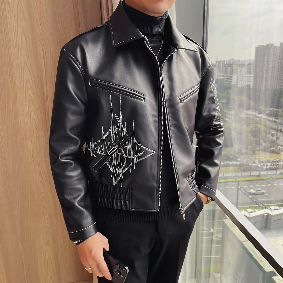 👑 KING EMBROIDERED LEATHER JACKET — VESTE CUIR BRODÉE PREMIUM HOMME