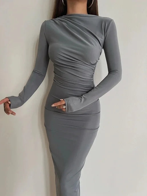 👑 QUEEN MIDI DRESS — ROBE MOULANTE MANCHES LONGUES COL DEMI-HAUT