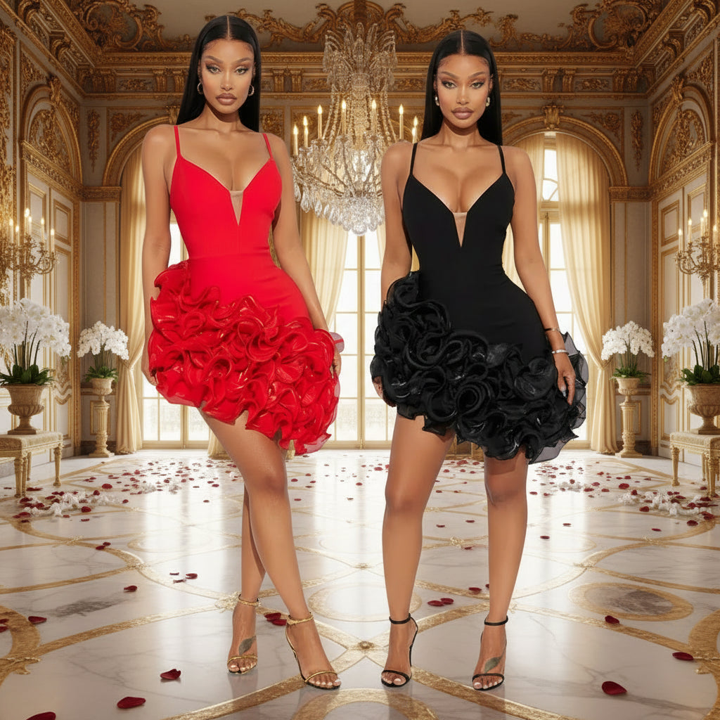 👑 QUEEN SCARLET — MINI ROBE COUTURE PLISSÉE À VOLANTS | ROUGE ABSOLU & NOIR SIGNATURE