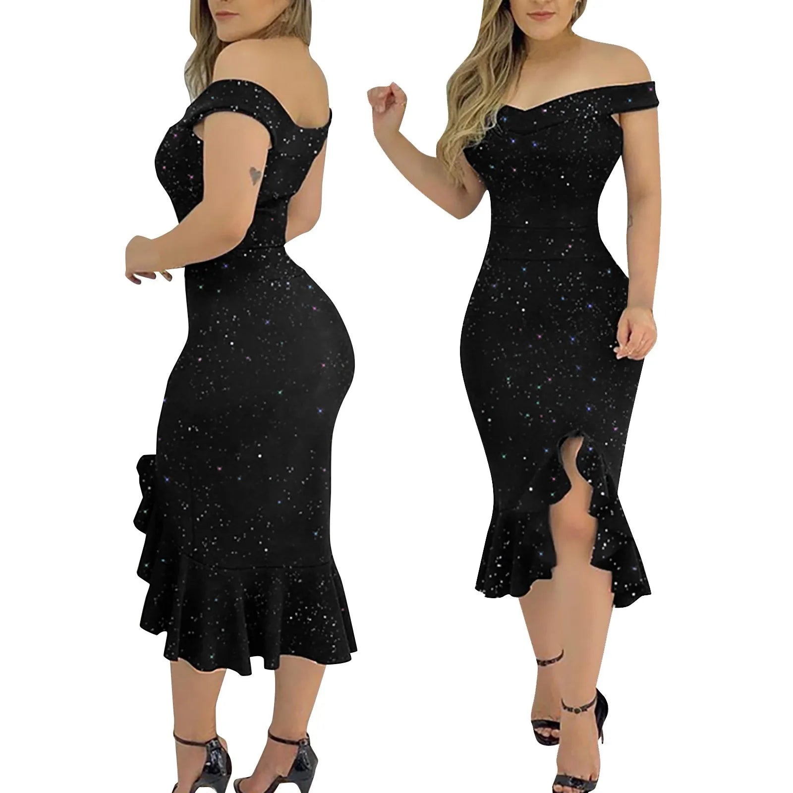👑 QUEEN SEQUIN VOLANTS — ROBE ÉPAULE DÉNUDÉE RUNWAY EDITION