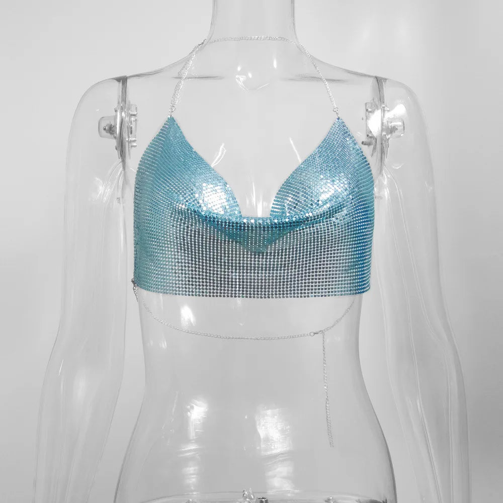 👑 QUEEN METAL — CROP TOP HALTER CORSET GLITTER