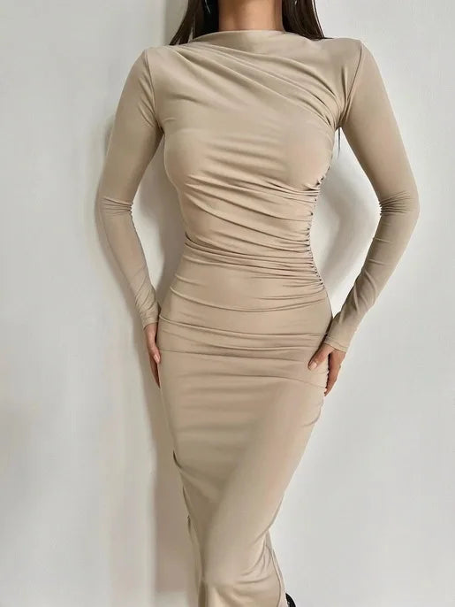 👑 QUEEN MIDI DRESS — ROBE MOULANTE MANCHES LONGUES COL DEMI-HAUT