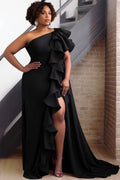👑 QUEEN NOIR — ROBE SIRÈNE MAXI ONE-SHOULDER FENDUE