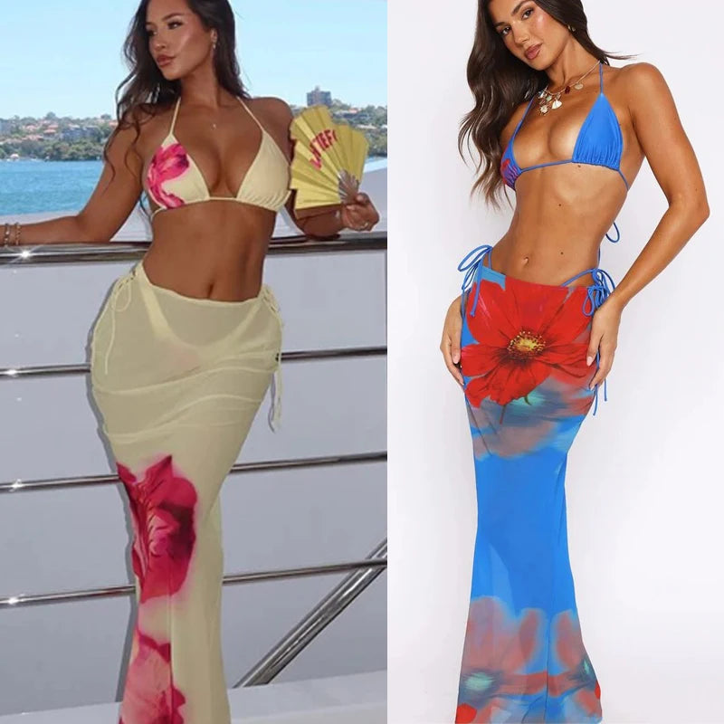 👑 QUEEN MICRO BIKINI SET — ENSEMBLE 3 PIÈCES HALTER PUSH-UP BANDAGE IMPRIMÉ FLORAL