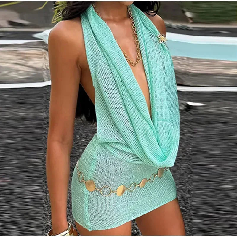 👑 QUEEN HALTER MINI — ROBE COURTE FEMME COL HALTER DOS NU