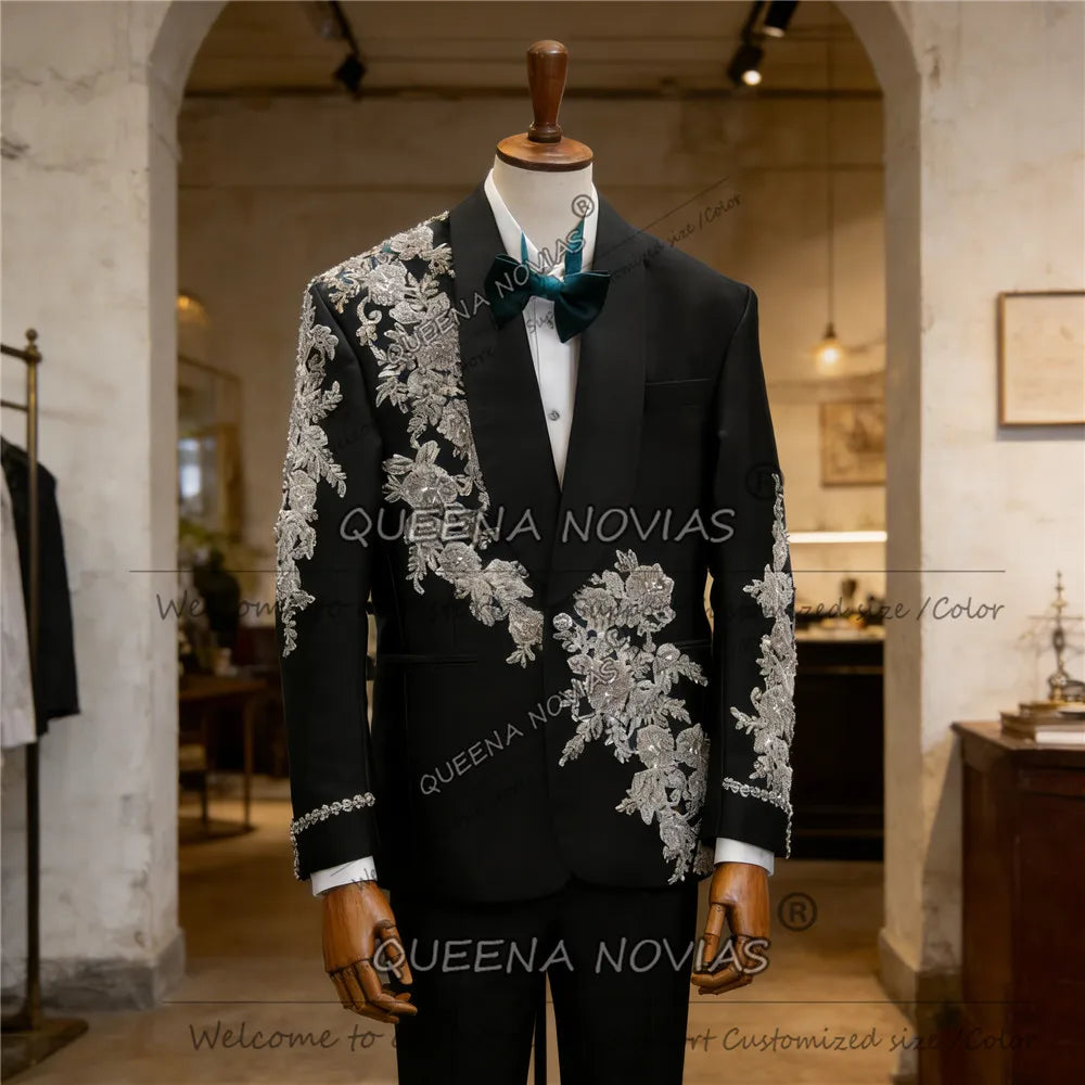 👑 KING CRYSTAL TUXEDO — COSTUME 2 PIÈCES COUTURE CRISTAUX & BRODERIES SUR MESURE