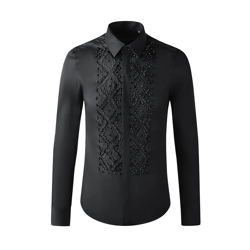 👑 KING BEADED SHIRT — CHEMISE HOMME PERLES FAITES MAIN MANCHES LONGUES