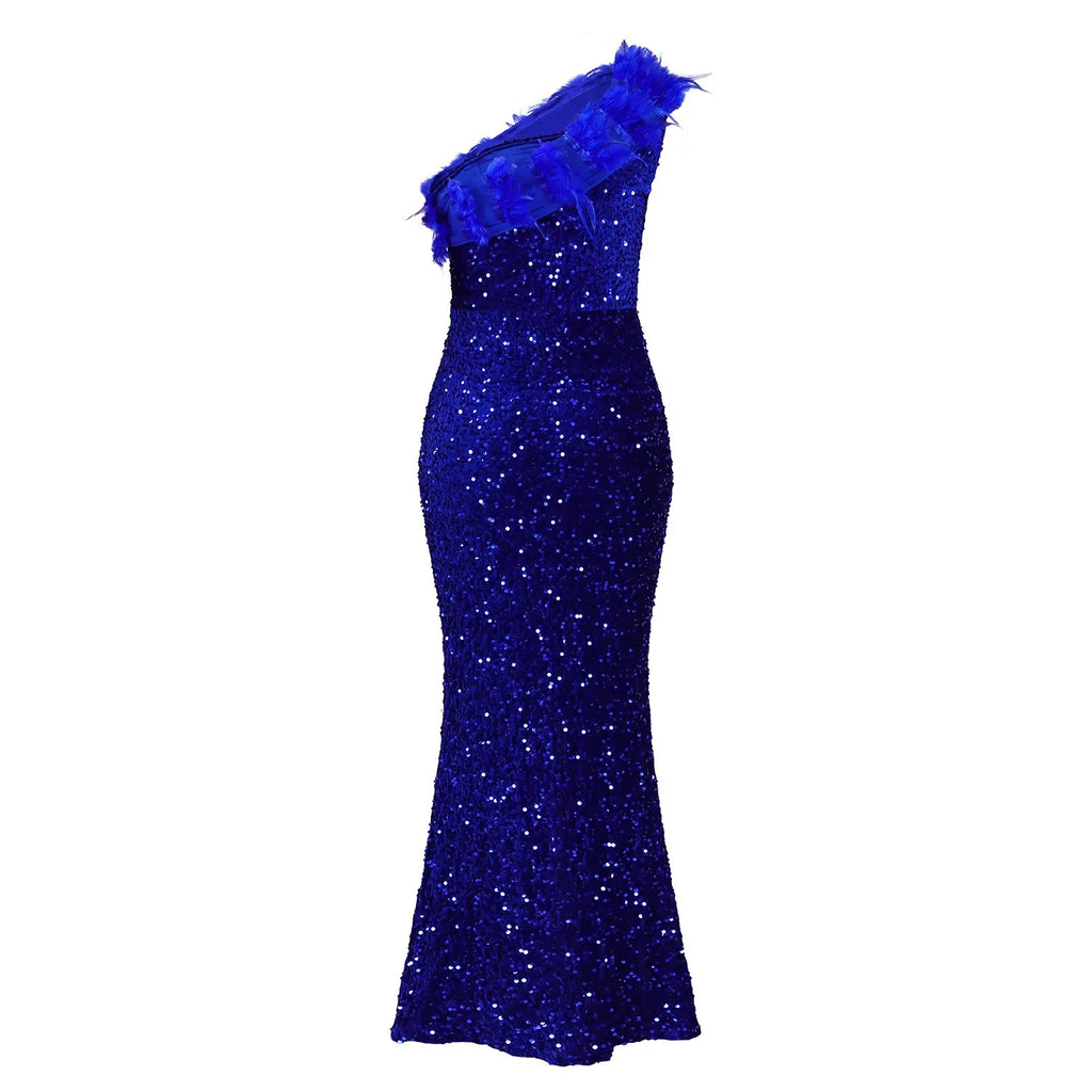 👑 QUEEN SEQUIN PLUMES — ROBE UNE ÉPAULE RUNWAY EDITION