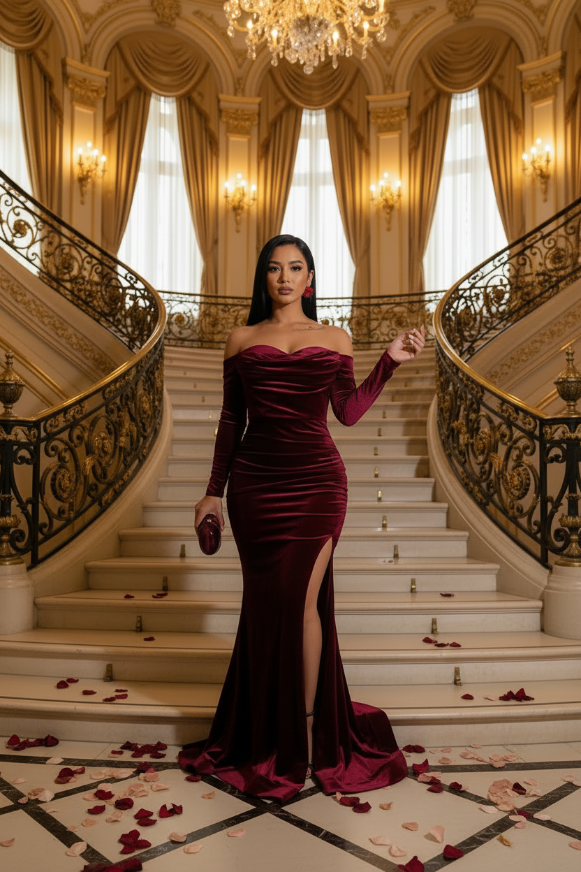 👑 QUEEN VELVET SIRÈNE — ROBE LONGUE ÉPAULE DÉNUDÉE FENTE HAUTE COUTURE