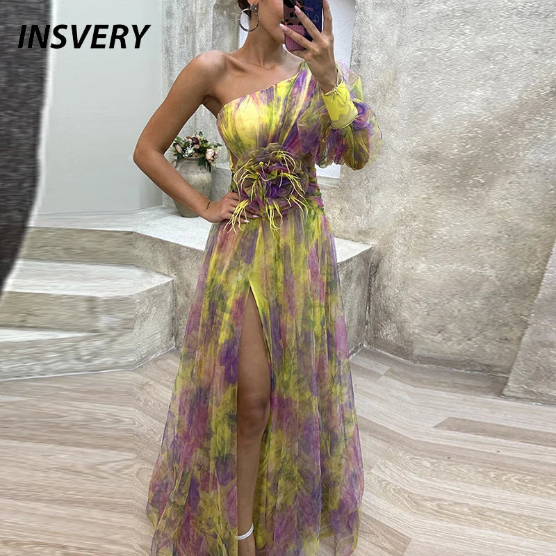 👑 QUEEN TIE-DYE SHOULDER — ROBE LONGUE FEMME UNE ÉPAULE IMPRIMÉ FLORAL