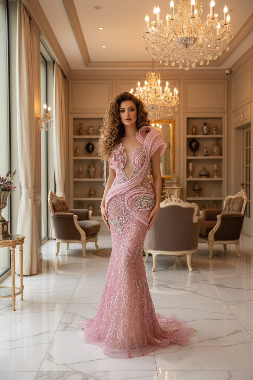 👑 QUEEN SIRÈNE — ROSE VOLANTS & PERLES SUR MESURE RUNWAY EDITION