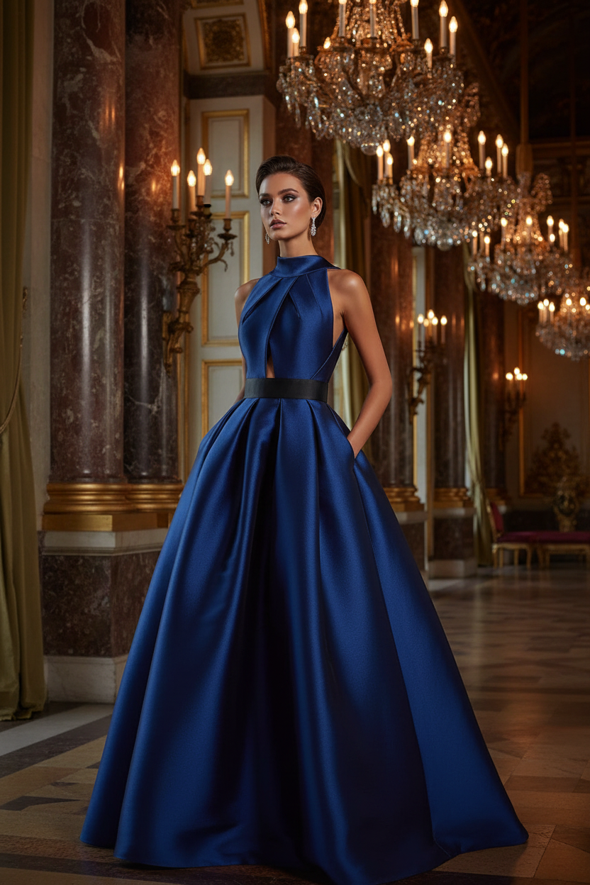 👑 QUEEN SATIN HALTER — MAXI ROBE DRAPÉE SIGNATURE