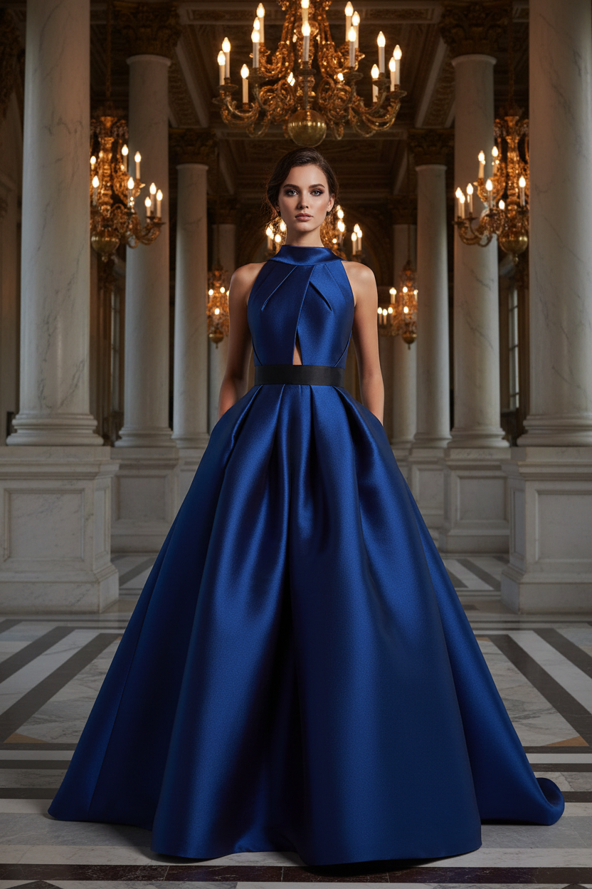 👑 QUEEN SATIN HALTER — MAXI ROBE DRAPÉE SIGNATURE