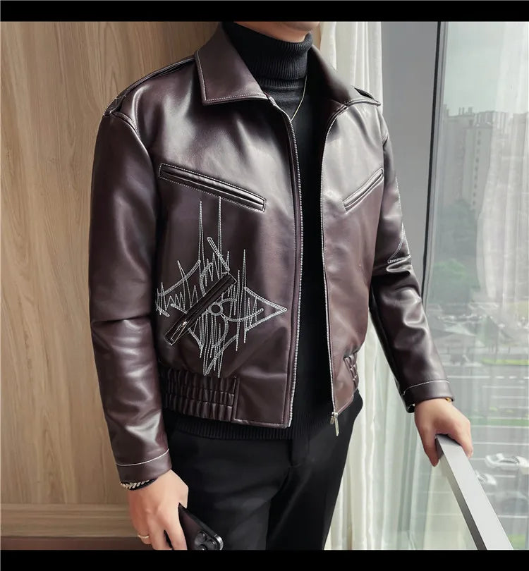 👑 KING EMBROIDERED LEATHER JACKET — VESTE CUIR BRODÉE PREMIUM HOMME