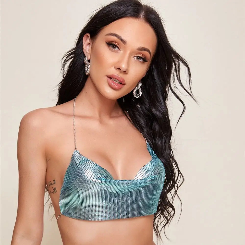 👑 QUEEN METAL — CROP TOP HALTER CORSET GLITTER