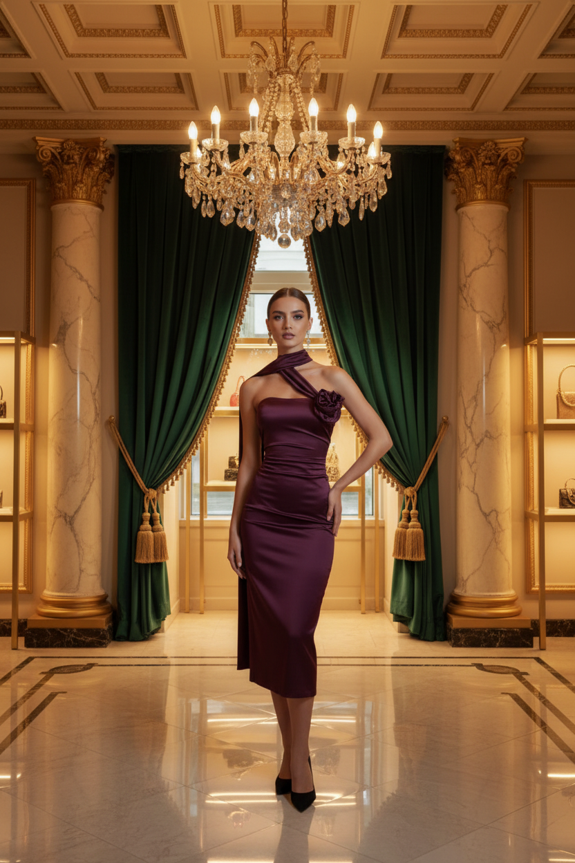 👑 QUEEN CLARET DRESS — ROBE BUSTIER SANS BRETELLES NŒUD FLEURI DOS NU