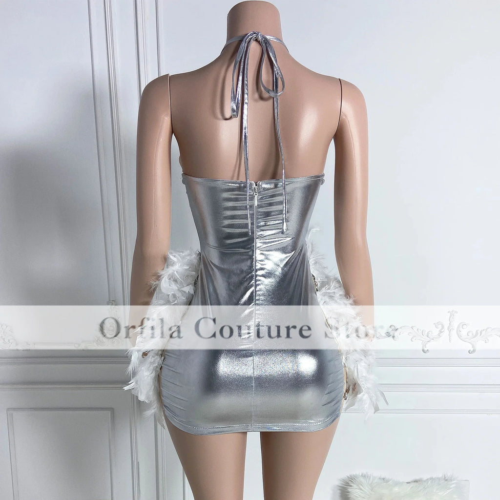 👑 QUEEN PLUME CRISTAL — ROBE DE SOIRÉE MINI SIRÈNE PLUMES & CRISTAUX