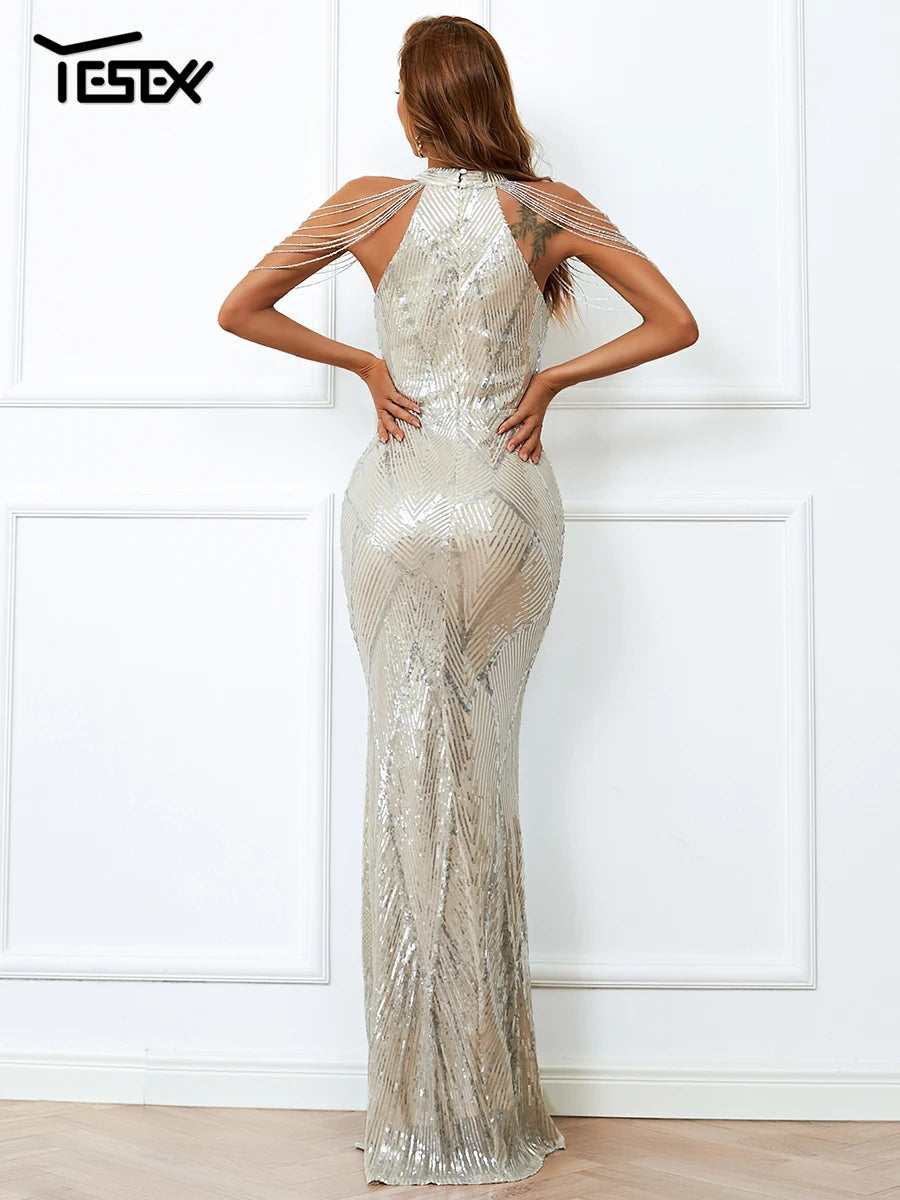 👑 QUEEN SEQUIN HALTER MAXI — ROBE LONGUE FEMME SEQUINS PERLÉS BODYCON