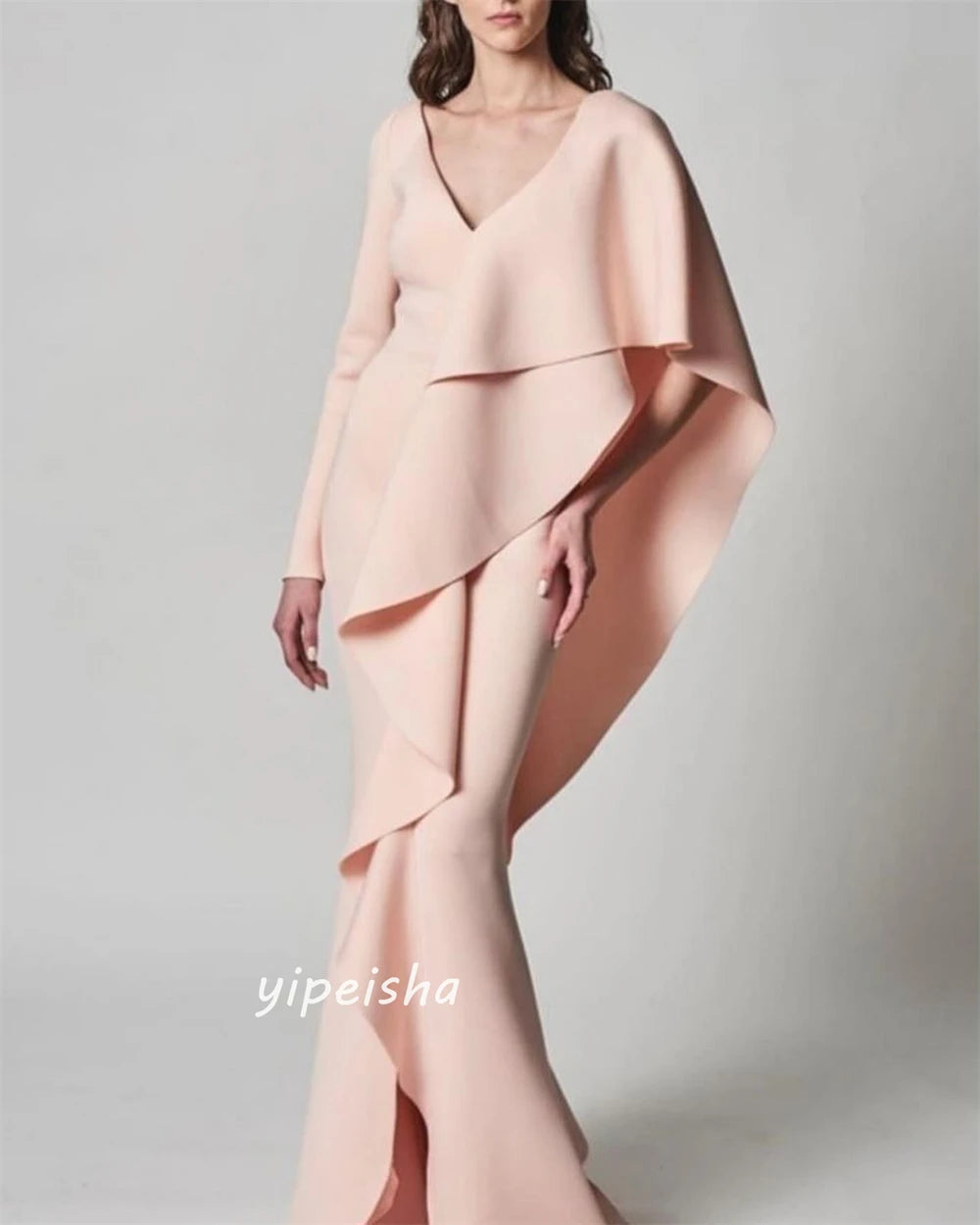 👑 QUEEN TIERED RUFFLE — LONGUE ROBE SHEATH VOLANTS DRAPÉS COL V SIGNATURE