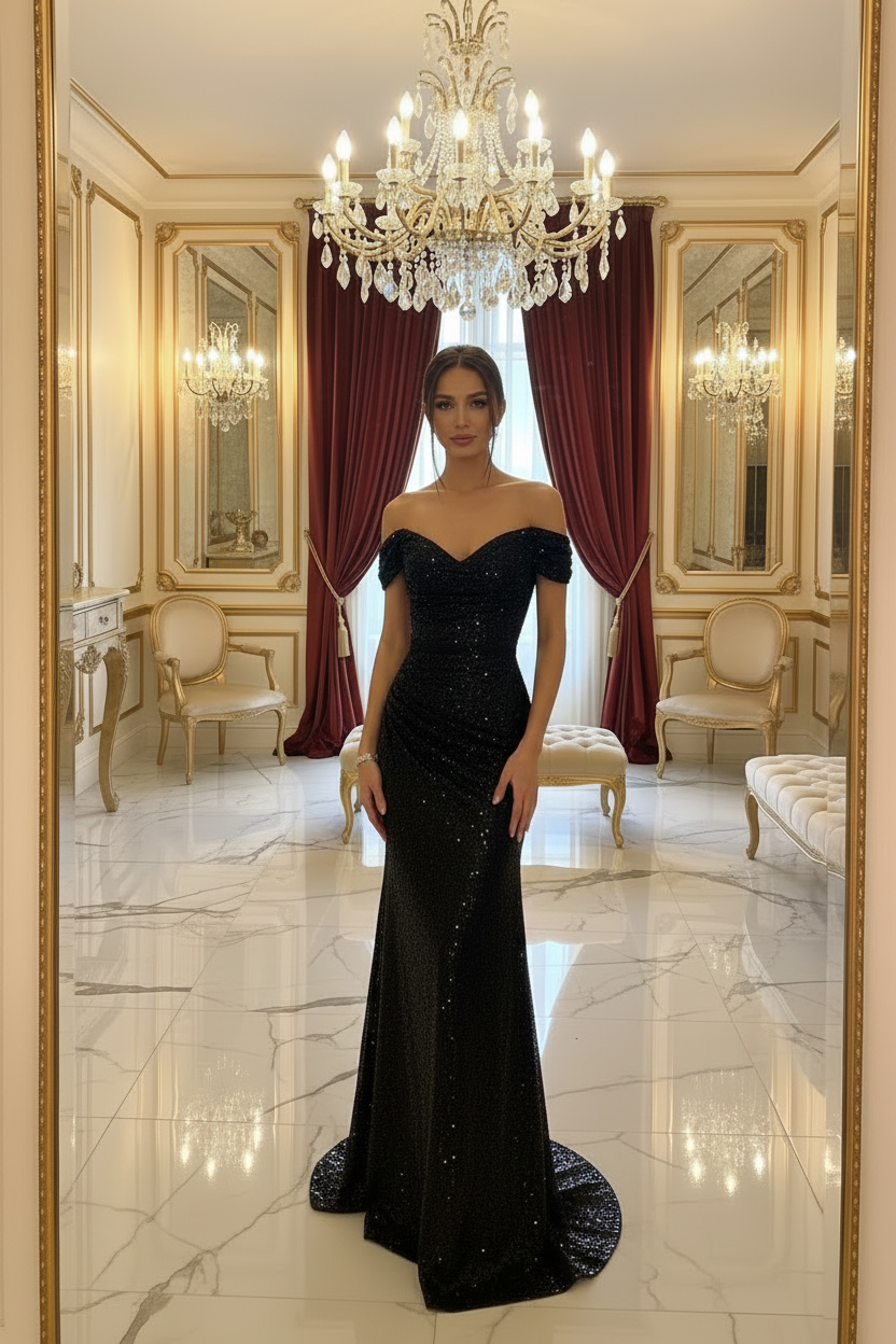 👑 QUEEN SEQUIN MAXI DRESS — ROBE LONGUE PAILLETTES COL BATEAU FENTE