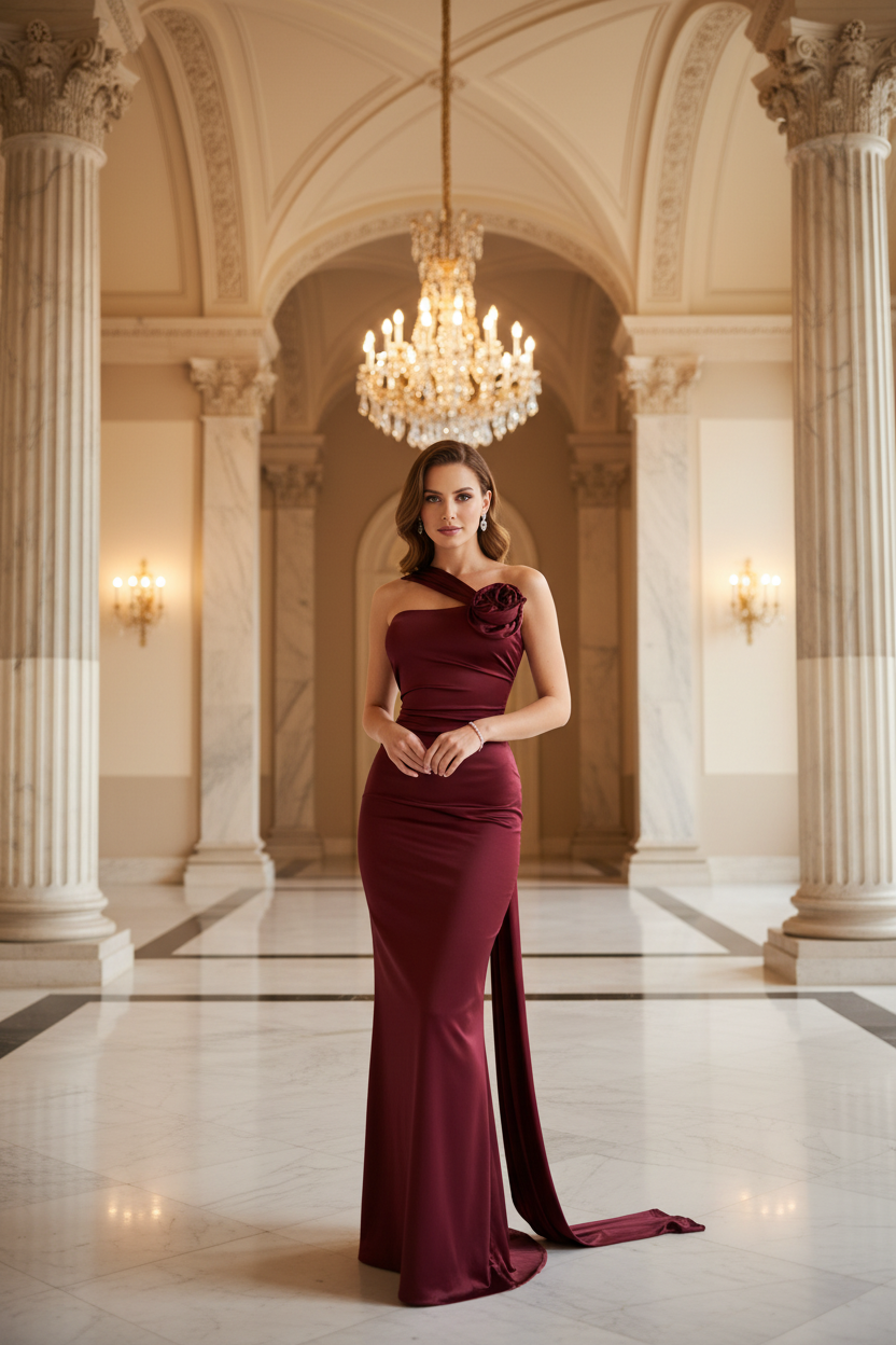 👑 QUEEN CLARET DRESS — ROBE BUSTIER SANS BRETELLES NŒUD FLEURI DOS NU