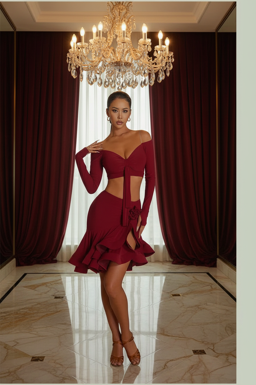 👑 QUEEN LATIN SET — TOP ÉPAULE DÉNUDÉE & JUPE À VOLANTS RUNWAY EDITION
