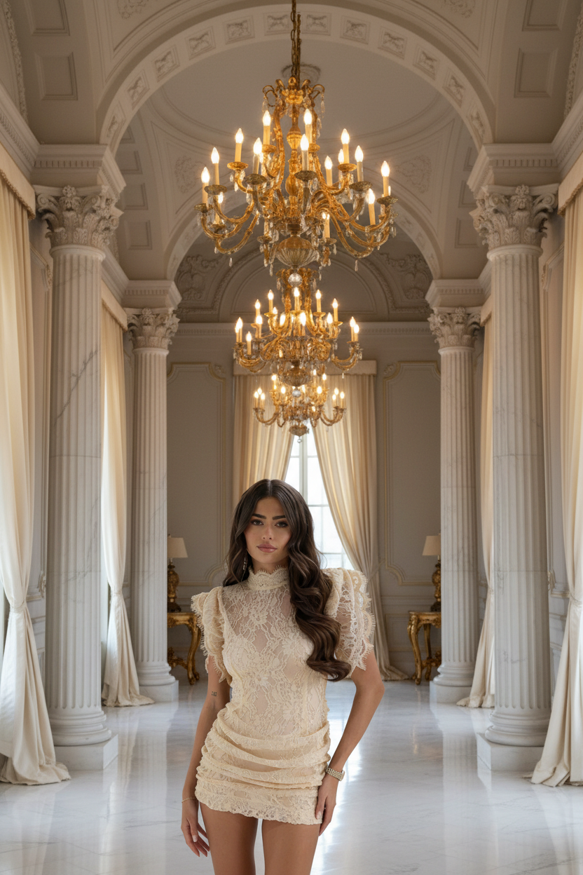 👑 QUEEN DENTELLE PATCHWORK — ROBE MI-LONGUE SEE-THROUGH PLISSÉE COL ROND