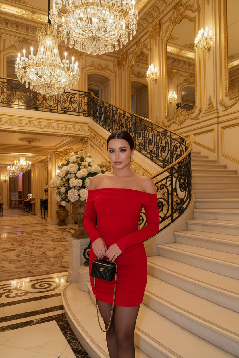 👑 QUEEN OFF-SHOULDER DRESS — ROBE MINI MANCHES LONGUES COL BATEAU DRAPÉ