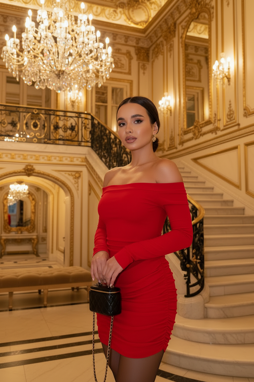 👑 QUEEN OFF-SHOULDER DRESS — ROBE MINI MANCHES LONGUES COL BATEAU DRAPÉ