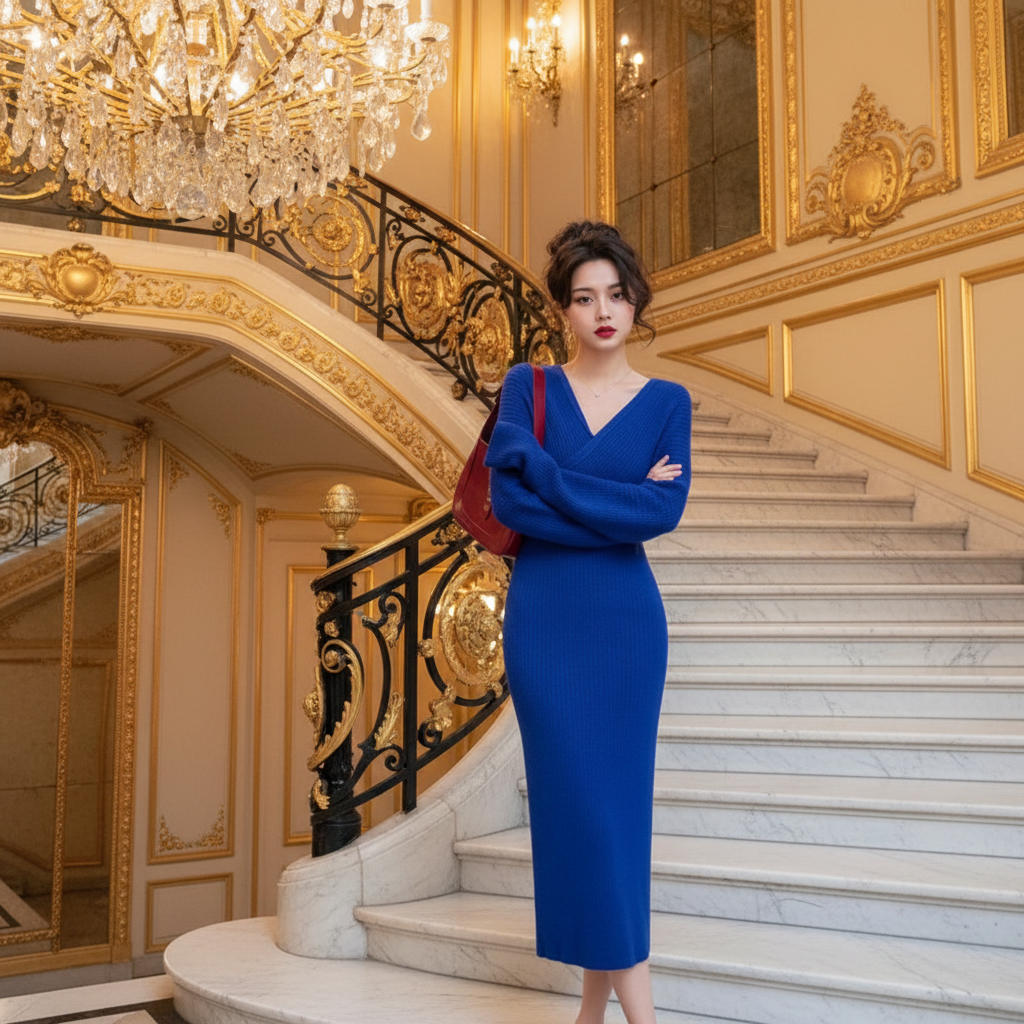 👑 QUEEN TRICOT COL V — ROBE MAXI BODYCON SIGNATURE RUNWAY EDITION