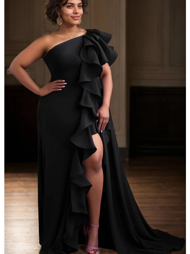 👑 QUEEN NOIR — ROBE SIRÈNE MAXI ONE-SHOULDER FENDUE