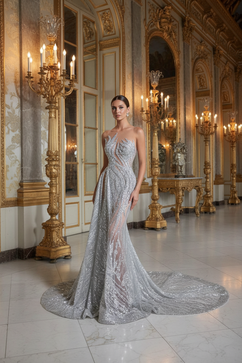👑 QUEEN DIAMOND ILLUSION GOWN — ROBE SIRÈNE CRISTALLISÉE FENTE ILLUSION