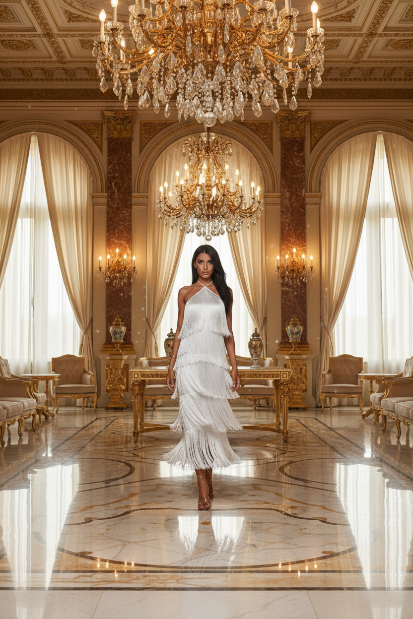 👑 Queen Franges Métallisées – Dos Nu Halter