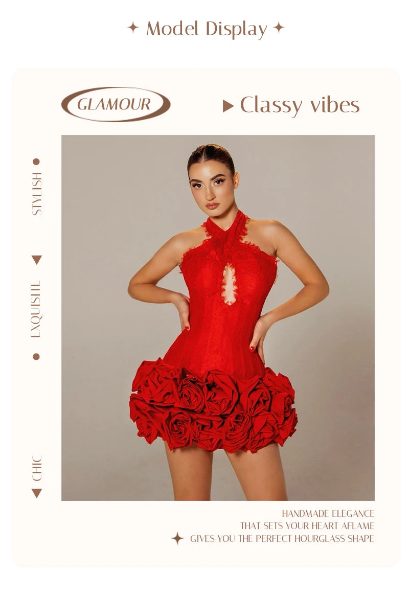 👑 QUEEN ROSE HALTER — MINI ROBE DENTELLE APPLIQUÉS ROSES