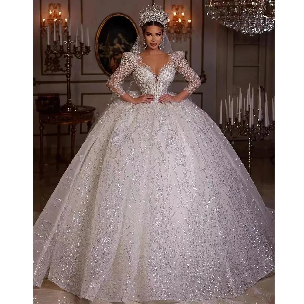 👑 QUEEN BRIDAL GOWN — ROBE DE MARIÉE DENTELLE APPLIQUÉE COL SWEETHEART MANCHES LONGUES A-LINE SUR MESURE