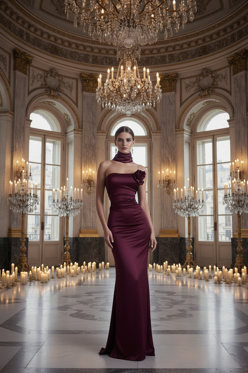 👑 QUEEN CLARET DRESS — ROBE BUSTIER SANS BRETELLES NŒUD FLEURI DOS NU