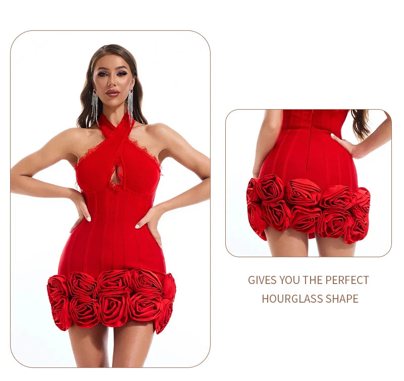 👑 QUEEN ROSE HALTER — MINI ROBE DENTELLE APPLIQUÉS ROSES