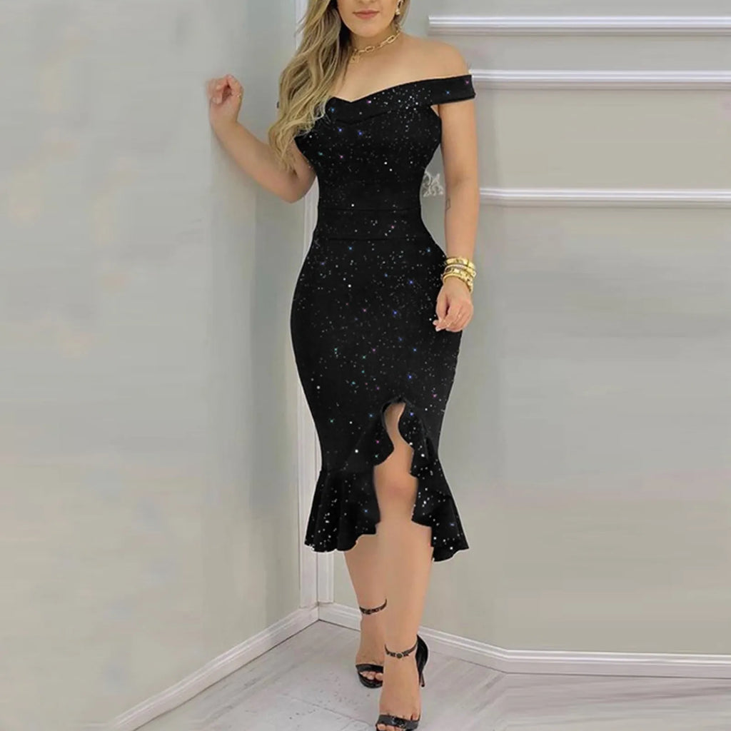 👑 QUEEN SEQUIN VOLANTS — ROBE ÉPAULE DÉNUDÉE RUNWAY EDITION