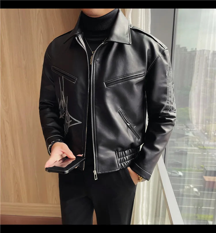 👑 KING EMBROIDERED LEATHER JACKET — VESTE CUIR BRODÉE PREMIUM HOMME