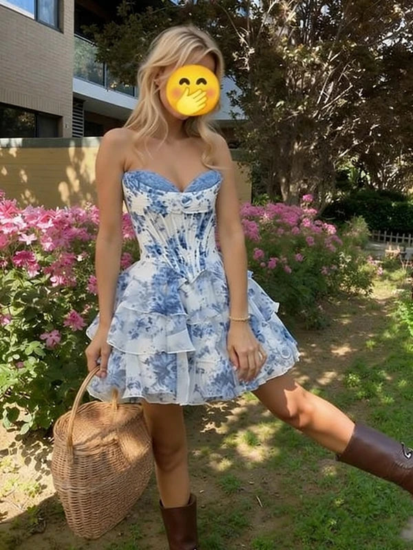 👑 Queen Floral Bleu & Blanc – Mini Bustier