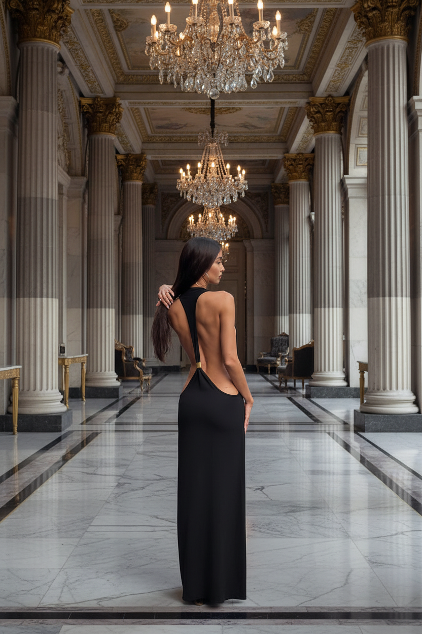 👑 Queen Longue Dos Nu – Robe Cocktail Minuit