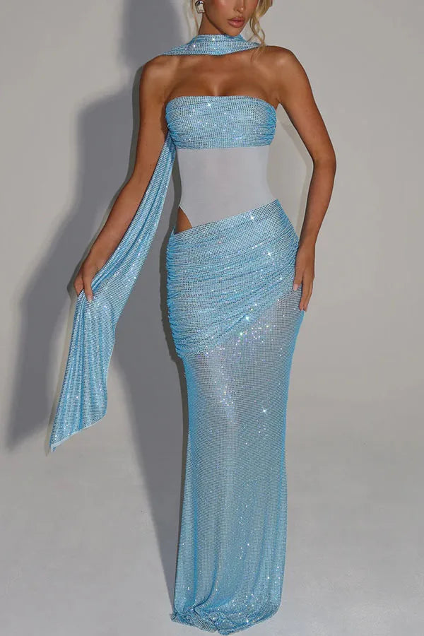 👑 QUEEN SEQUIN RIBBON — ROBE LONGUE TUBE TOP SEQUINS & DÉCOUPES SIGNATURE