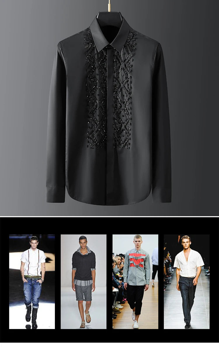 👑 KING BEADED SHIRT — CHEMISE HOMME PERLES FAITES MAIN MANCHES LONGUES