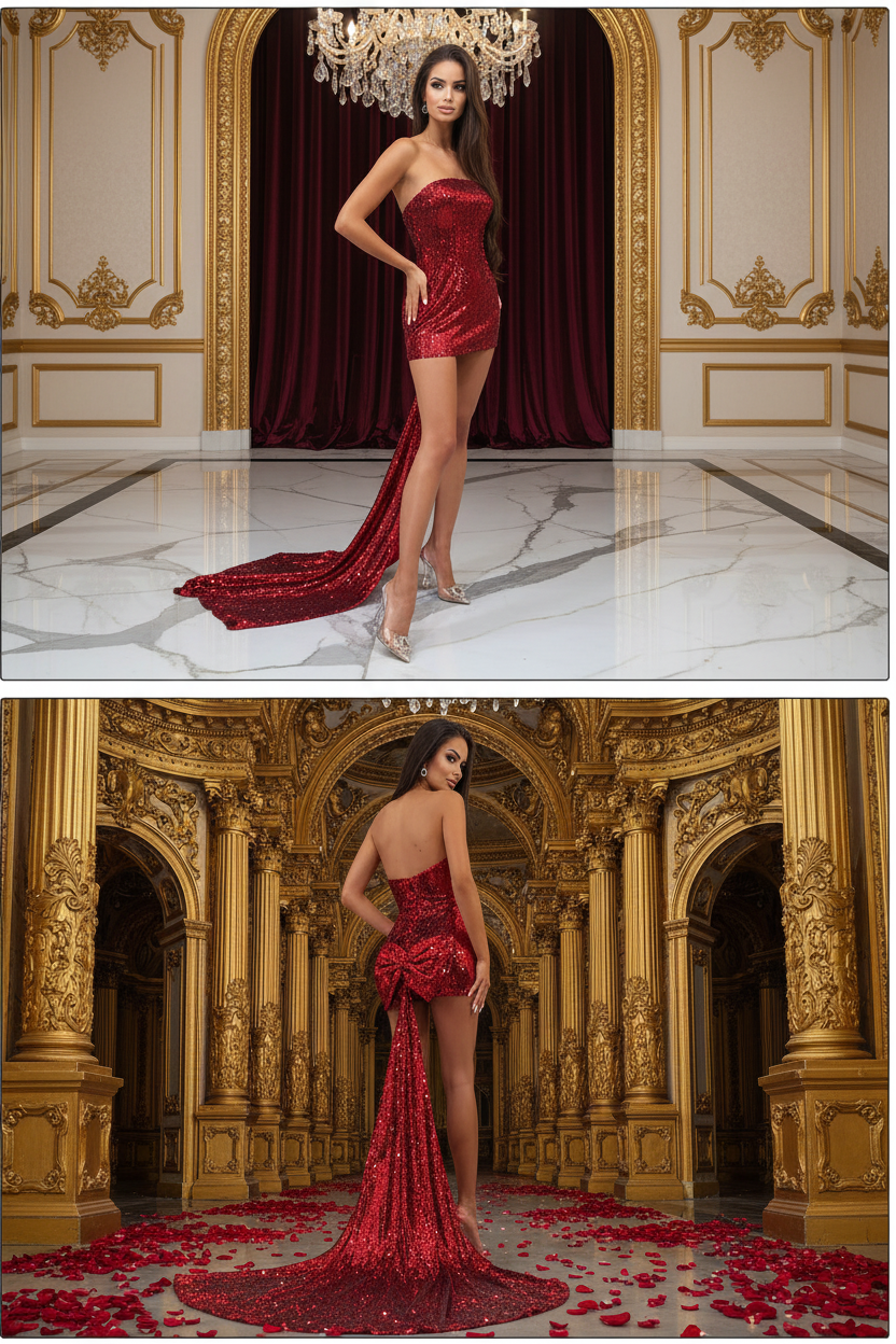👑 QUEEN BOW SEQUINS — ROBE BUSTIER PAILLETTES NŒUD