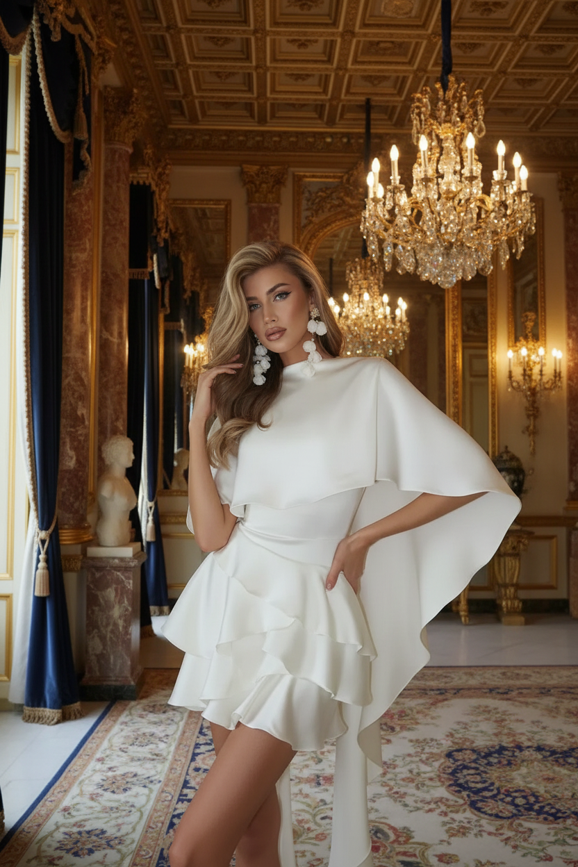 👑 QUEEN MINI DRESS — ROBE COURTE DOS NU MANCHES ÉCHARPE À VOLANTS