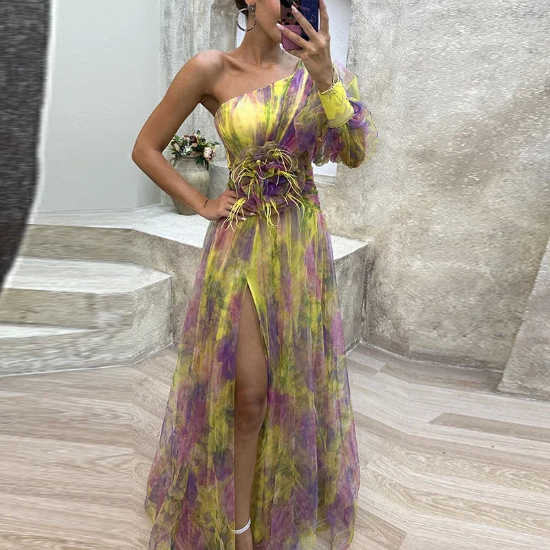 👑 QUEEN TIE-DYE SHOULDER — ROBE LONGUE FEMME UNE ÉPAULE IMPRIMÉ FLORAL
